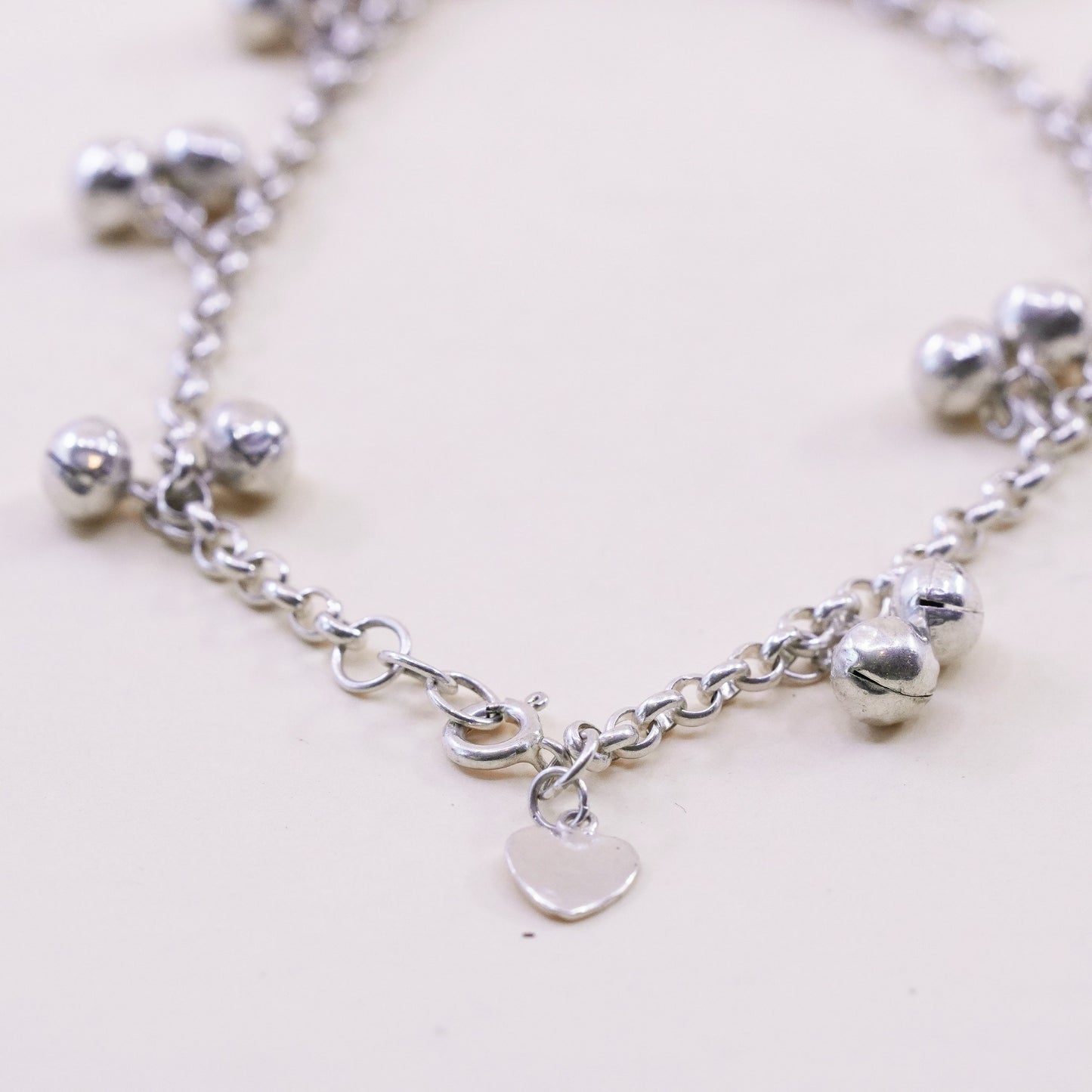 9.5”, Sterling Silver Bracelet, 925 belly dancer chain anklet chime bell charms