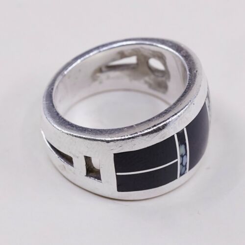 Sz 6.25, Zuni Sterling Silver Handmade Ring, 925 Band W/ Obsidian N Turquoise
