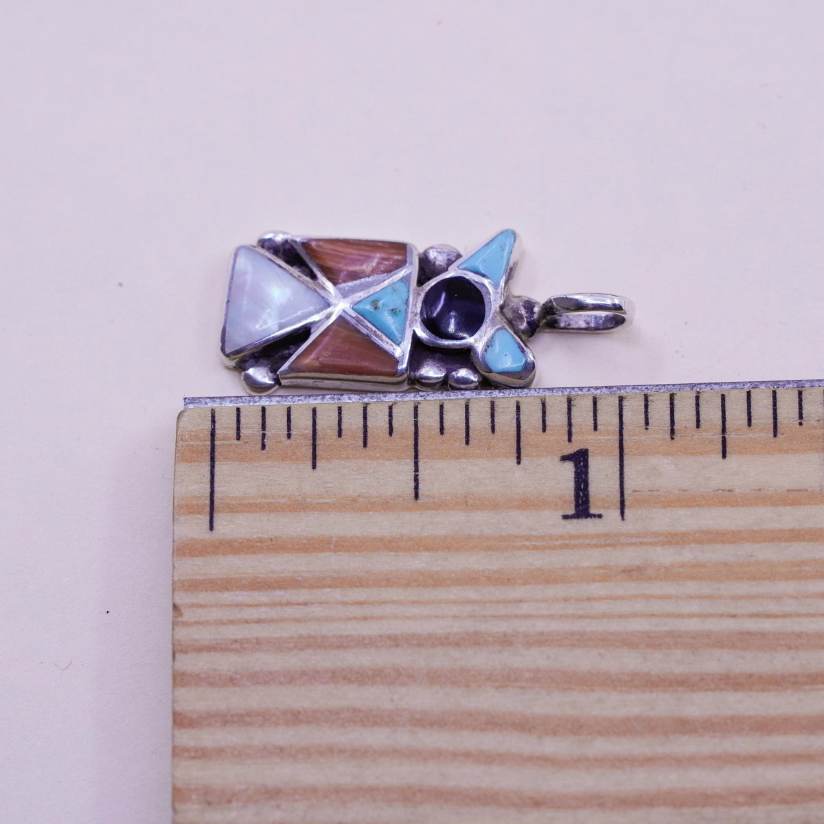 Sterling silver pendant, Navajo 925 runner bird turquoise coral mother of pearl