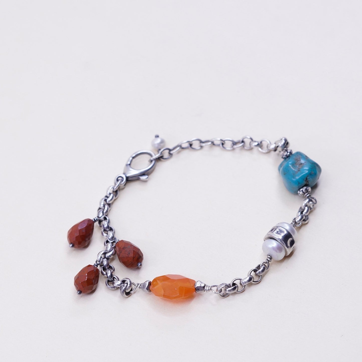 7.5”, Sterling 925 silver circle chain bracelet w/ turquoise carnelian N pearl