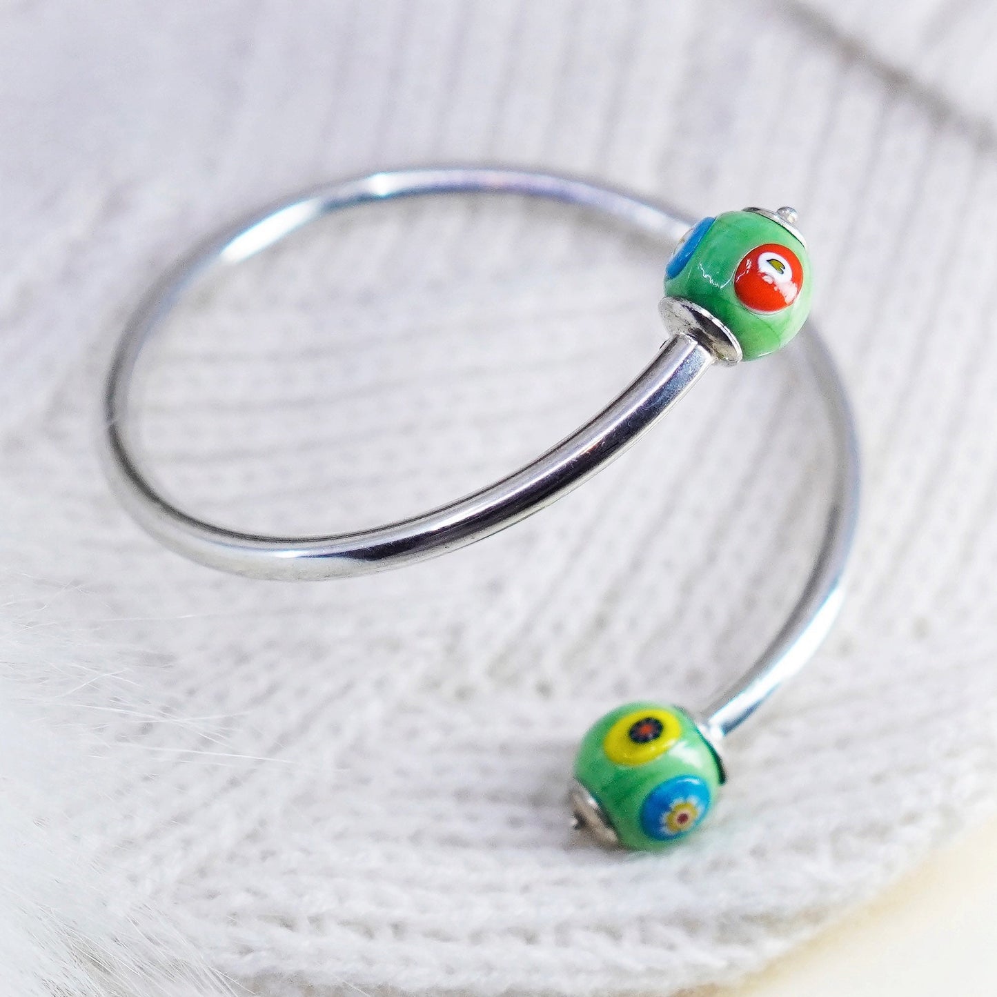6.75”, sterling silver bracelet, 925 cuff wrap bangle with murano floral glass