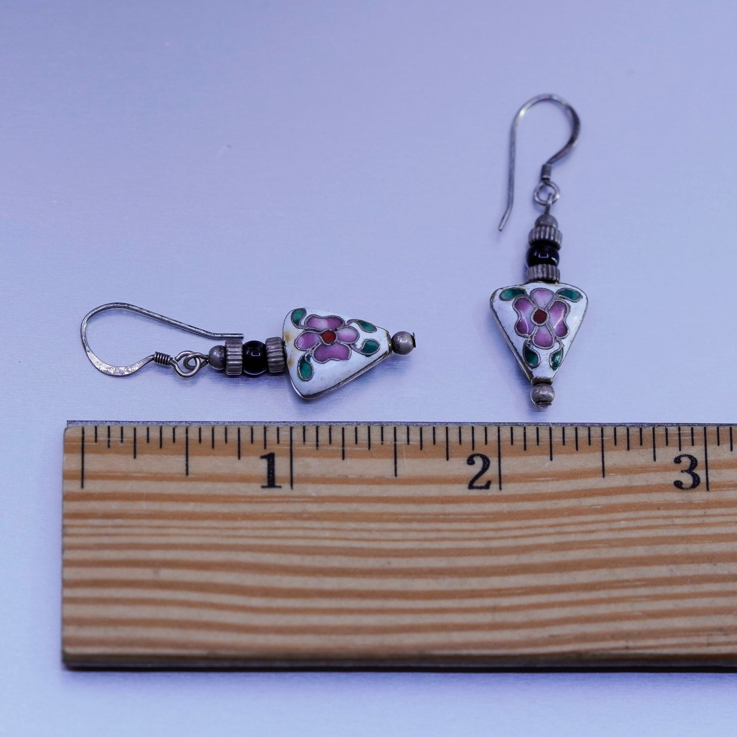 Vintage Sterling 925 silver handmade earrings with enamel flower