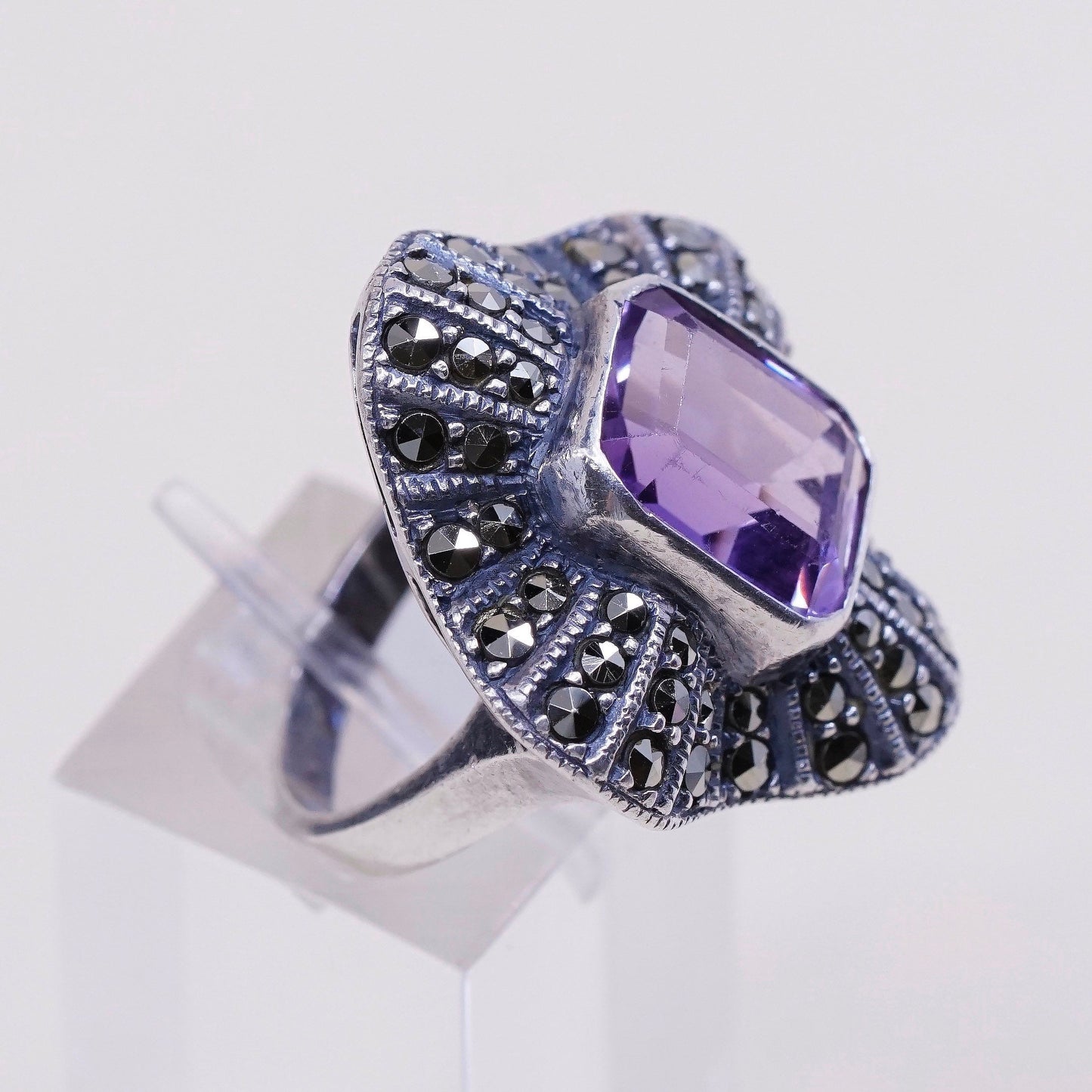 sz 6, VTG Judith Jack sterling 925 silver handmade ring w/ amethyst N marcasite