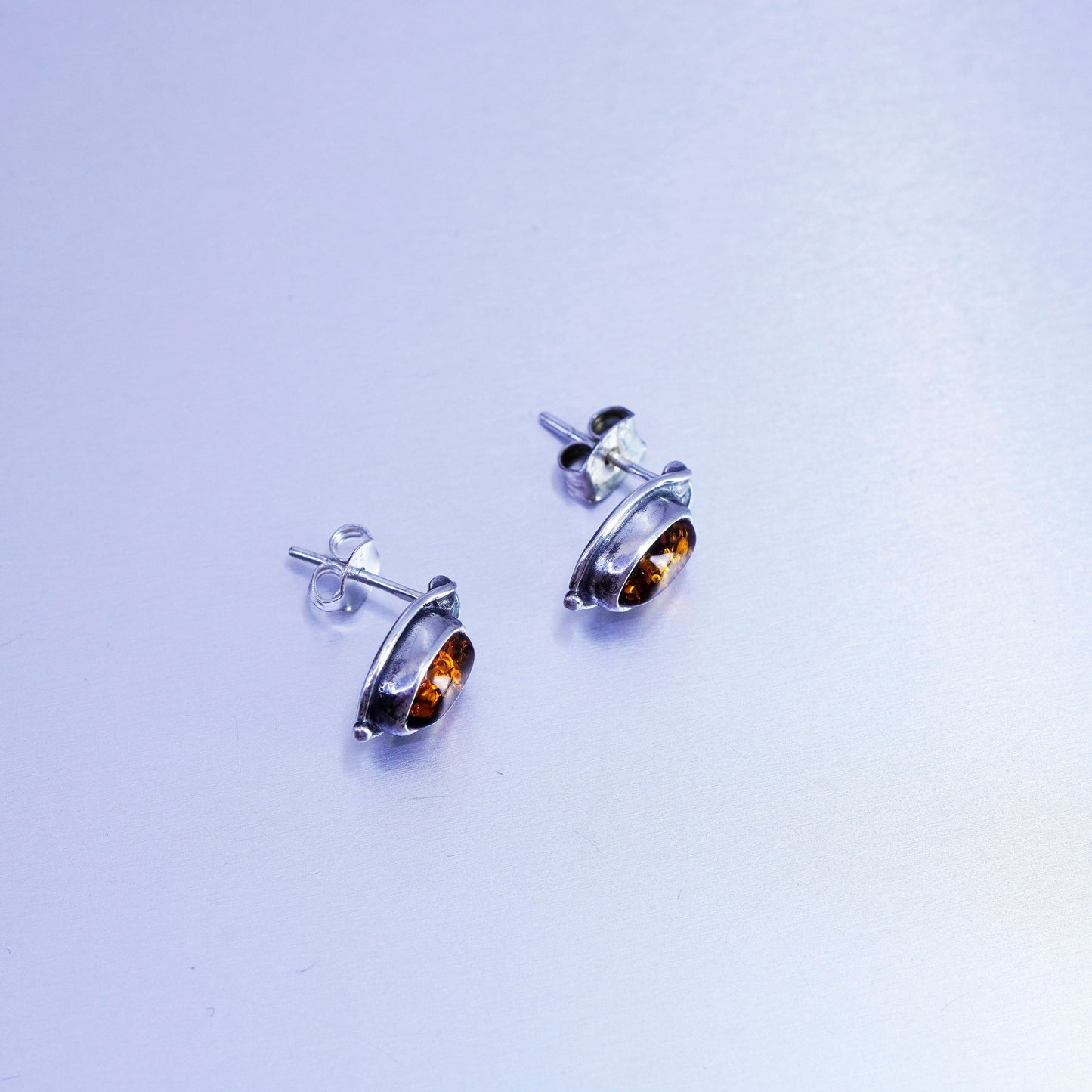 Vintage Sterling 925 silver handmade earrings, oval amber studs