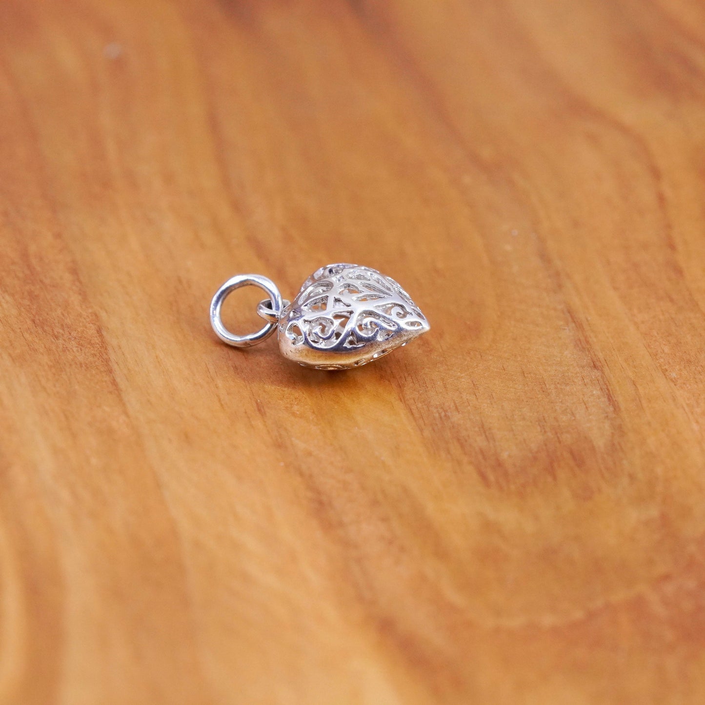 Vintage Sterling silver handmade pendant, 925 filigree puffy heart pendant