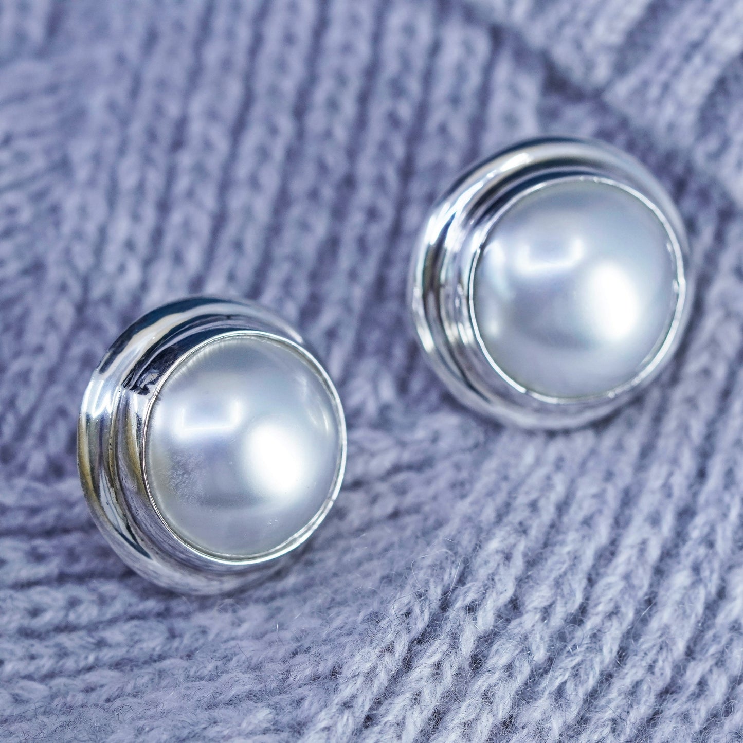 Vintage sterling silver handmade earrings, 925 round studs with pearl