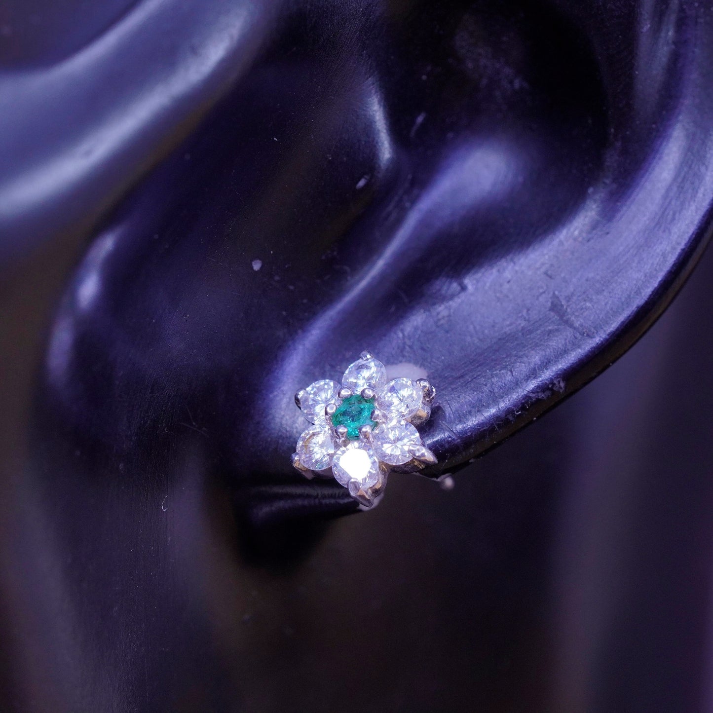 Vintage Vermeil Sterling silver clear flower studs earrings with cz and emerald