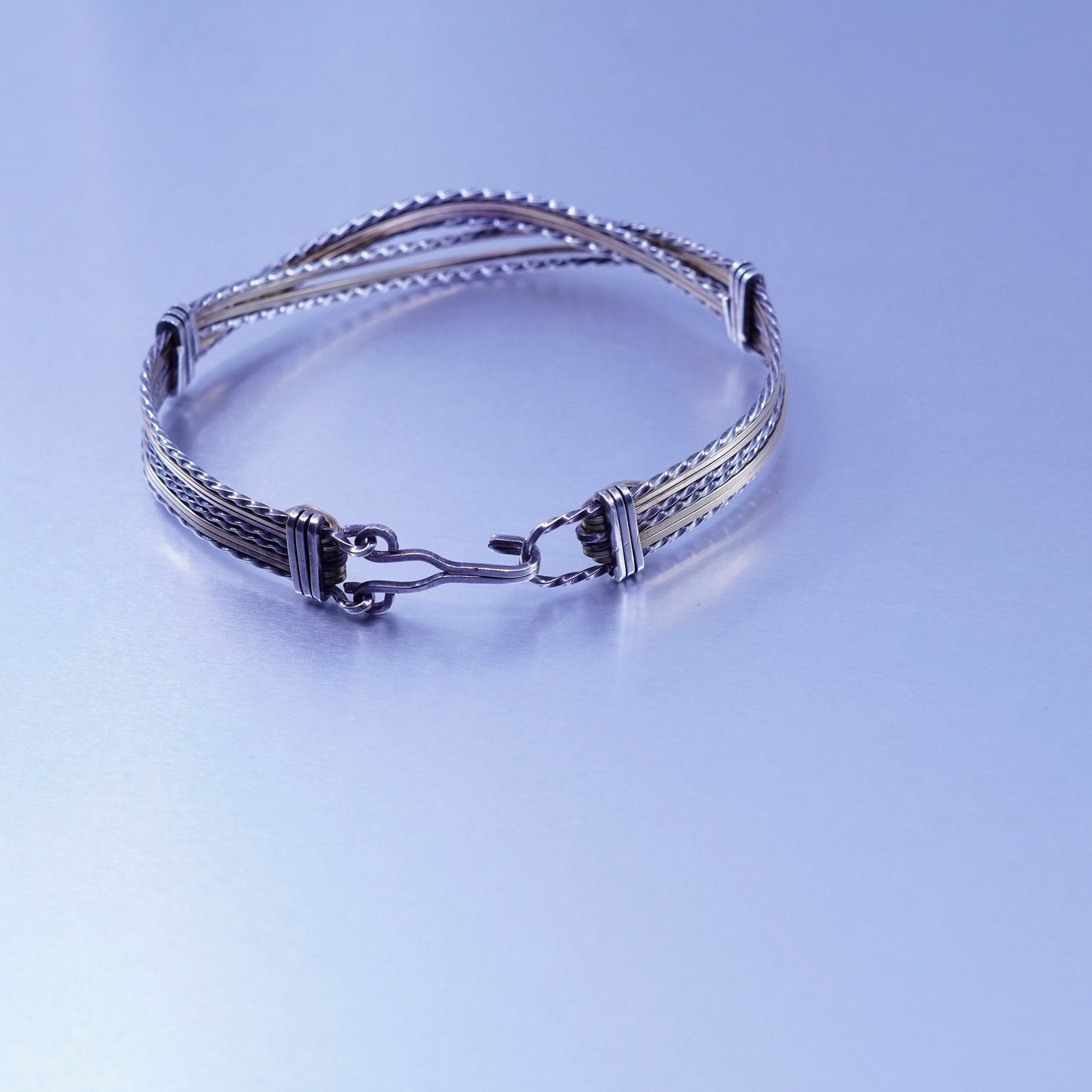 7.75”, Two tone Sterling 925 silver bracelet, braided hinged bangle brass