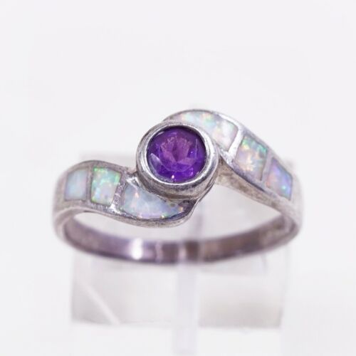 Sz 8.75, Vtg Sterling Silver Ring, 925 Silver Band W/ opal n amethyst