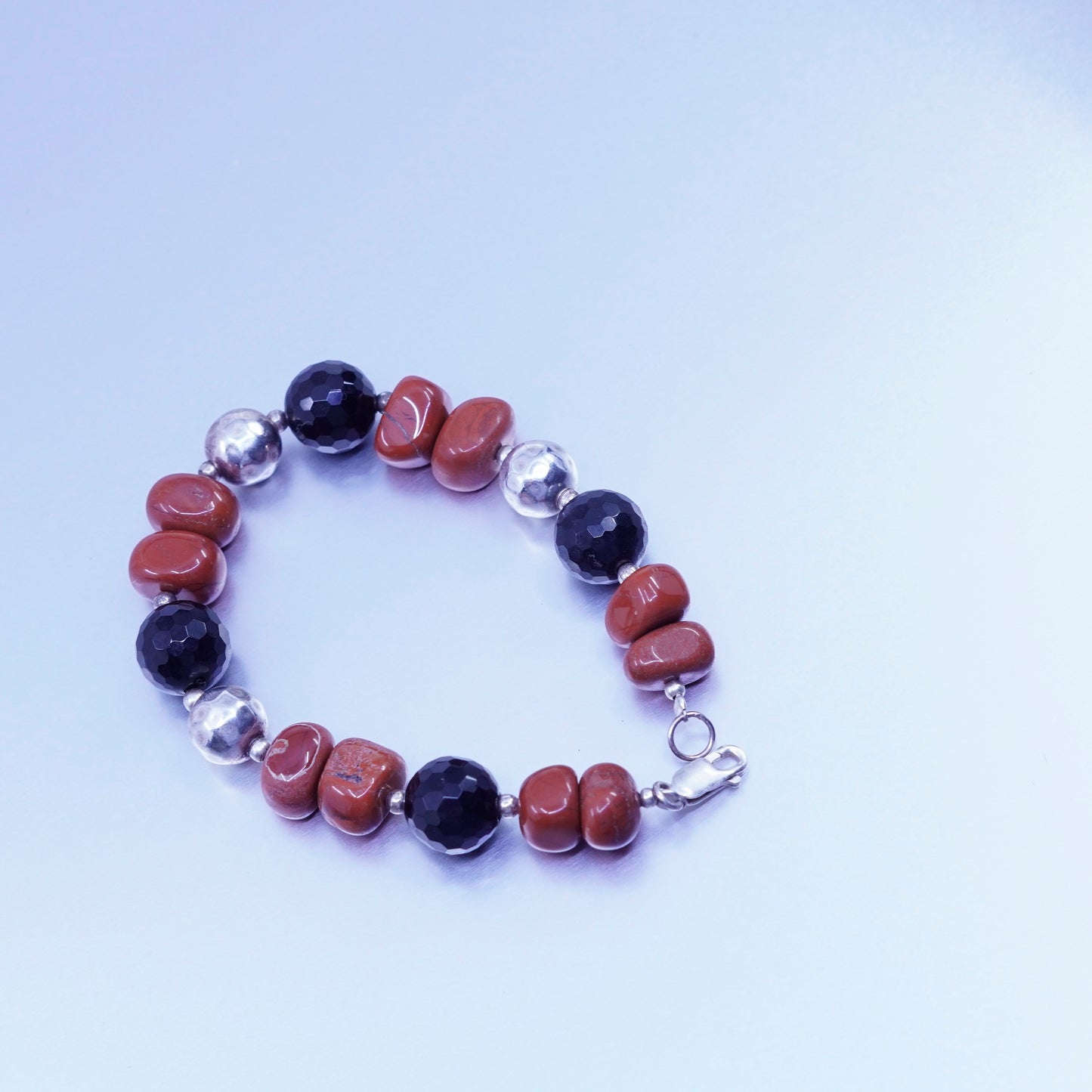 7”, vintage Sterling 925 silver handmade bracelet with obsidian jasper beads