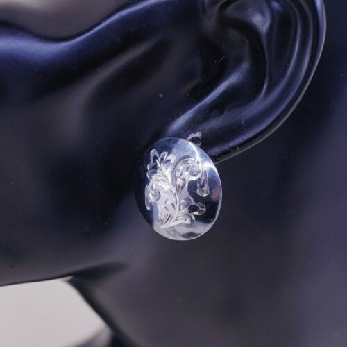 Vtg Mexico Handmade Sterling Silver, Solid 925 CLIP ON EARRINGS W/ Carved Leaf