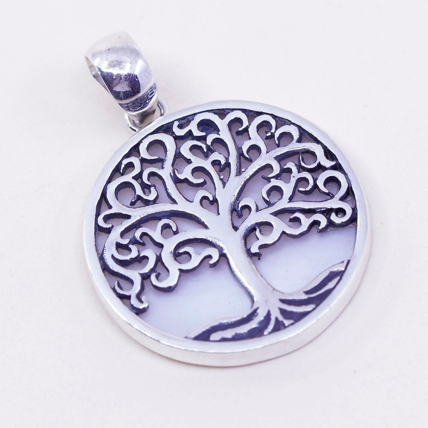 Vintage Sterling silver handmade pendant, 925 filigree tree tag mother of pearl