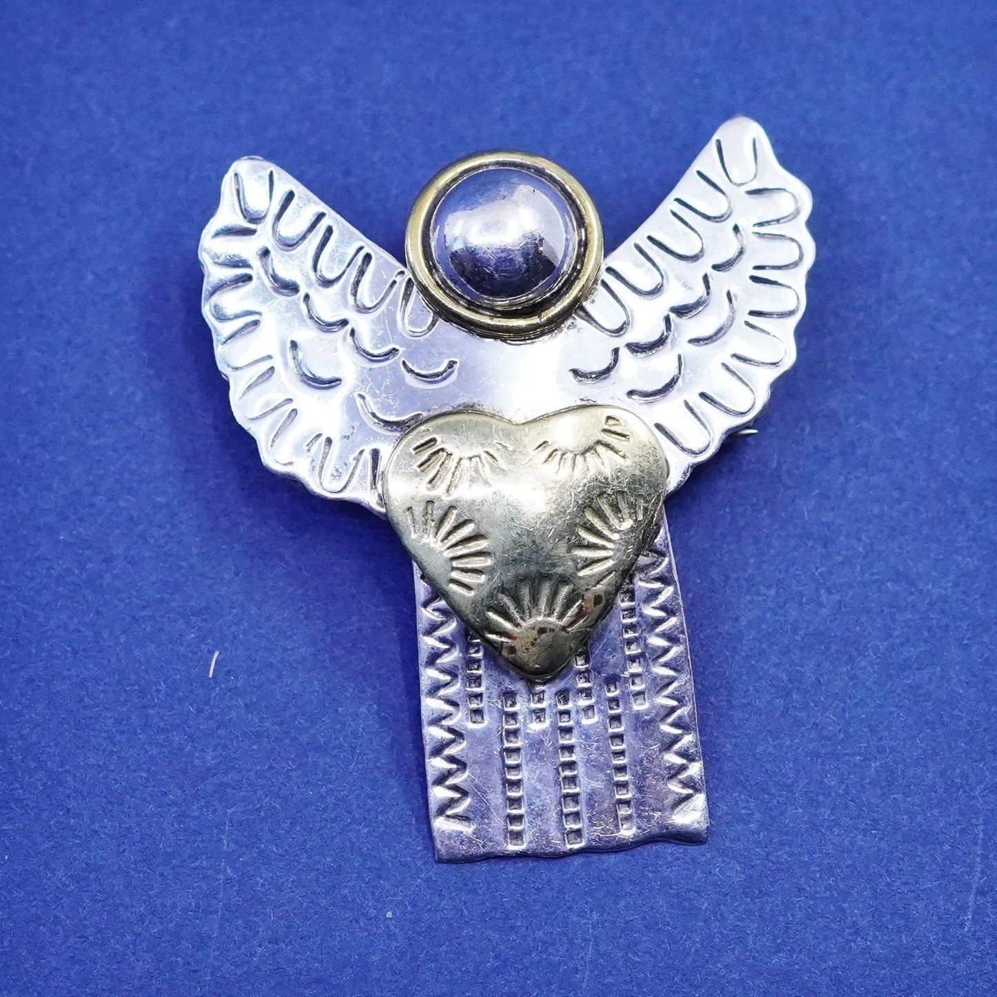 Mexico two tone sterling 925 silver handmade Angel heart brooch pin pendant
