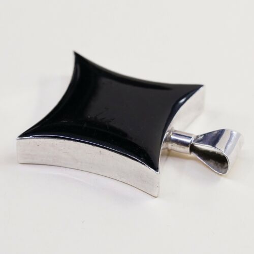Vtg Mexico Modern Sterling Silver Handmade Pendant 925 W/ Obsidian, stamped 925