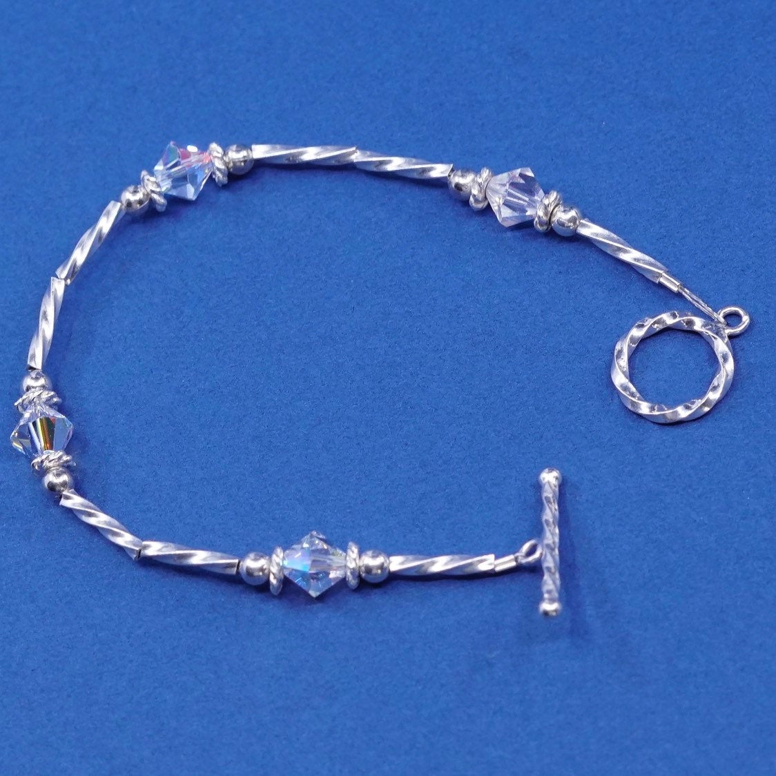6", vtg Sterling silver handmade bracelet, 925 twisted bar w/ crystal