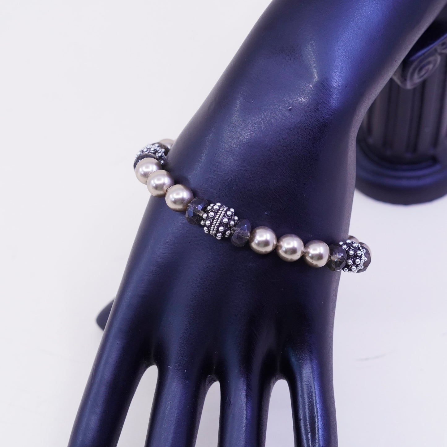 7”, Sterling silver handmade bracelet, 925 beads faux pearl smoky topaz beads