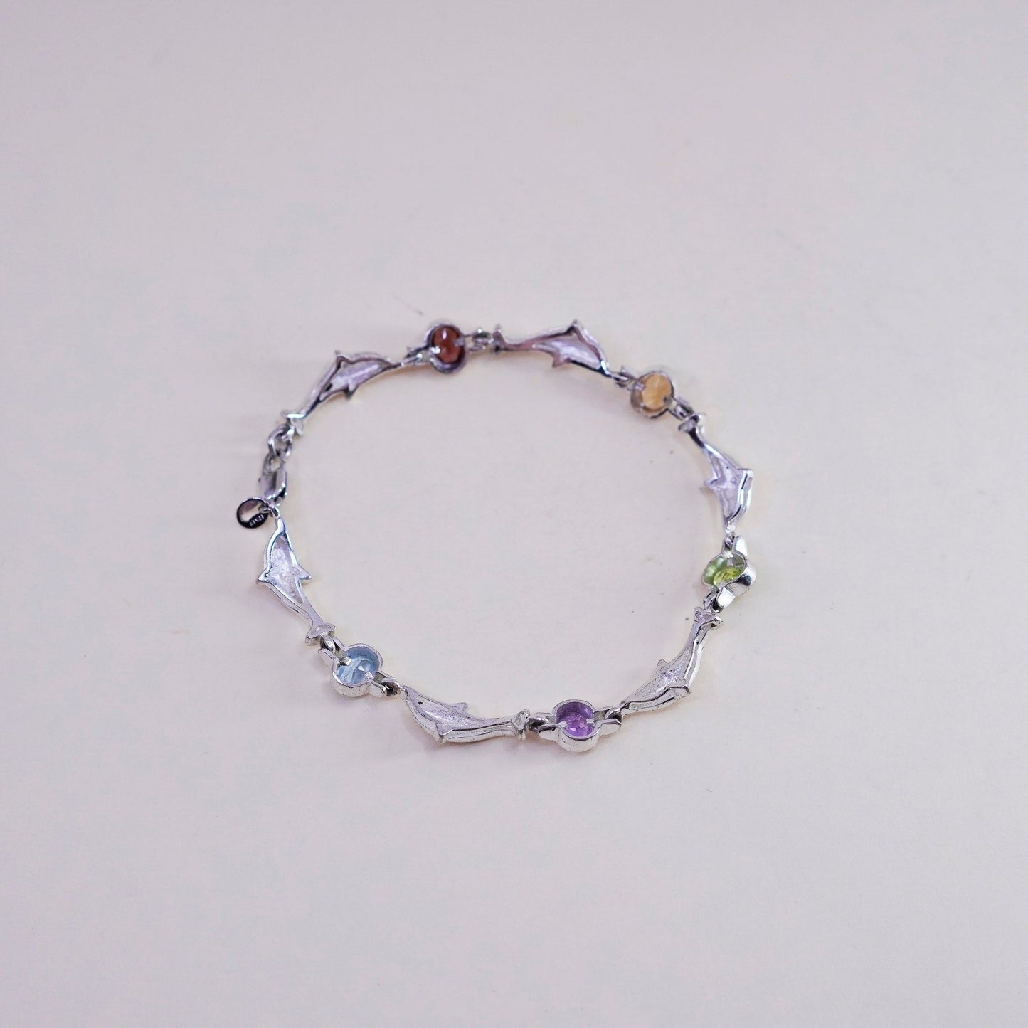 7”, Sterling silver handmade bracelet, 925 dolphin chain colorful gemstones