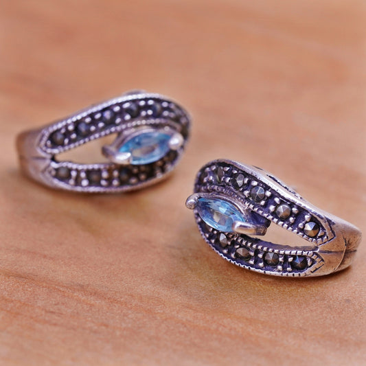 Vintage Sterling 925 silver handmade Huggie earrings with topaz marcasite