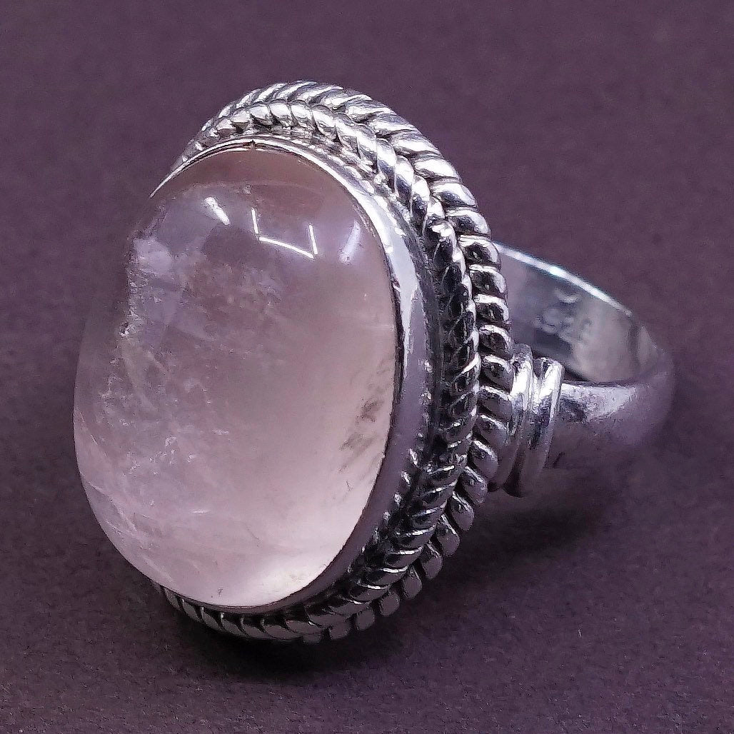sz 8.5, vtg Sterling silver handmade ring, 925 w/ pink Quartz N cable