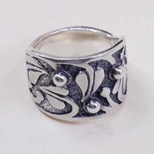 Sz 7.25, Silpada 925 Sterling Silver Handmade Band Ring Embossed Leaves N Beads