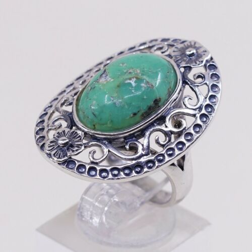 Sz 7, Vtg Thailand Handmade Sterling 925 Filigree W/ Turquoise Statement Ring