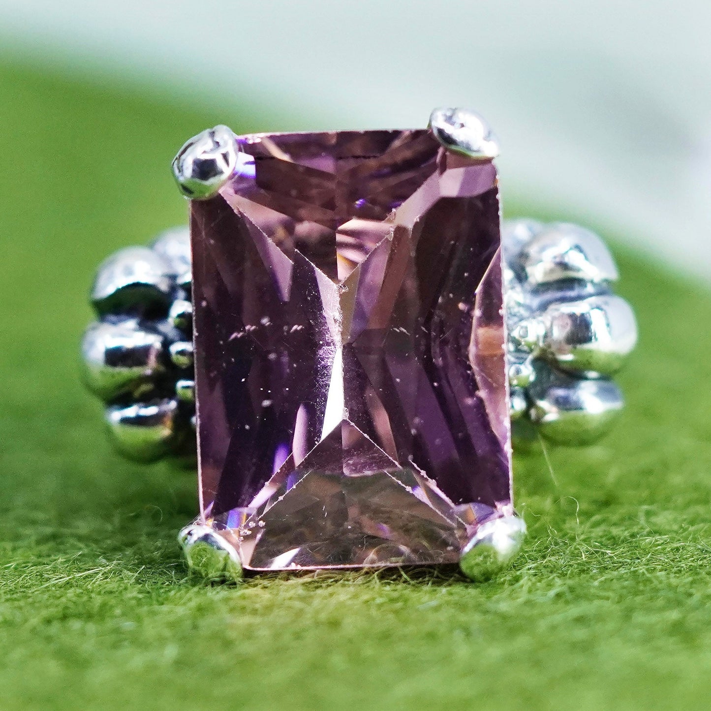 Size 6.5, VTG Sterling silver statement ring, 925 silver w/ emerald cut pink cz