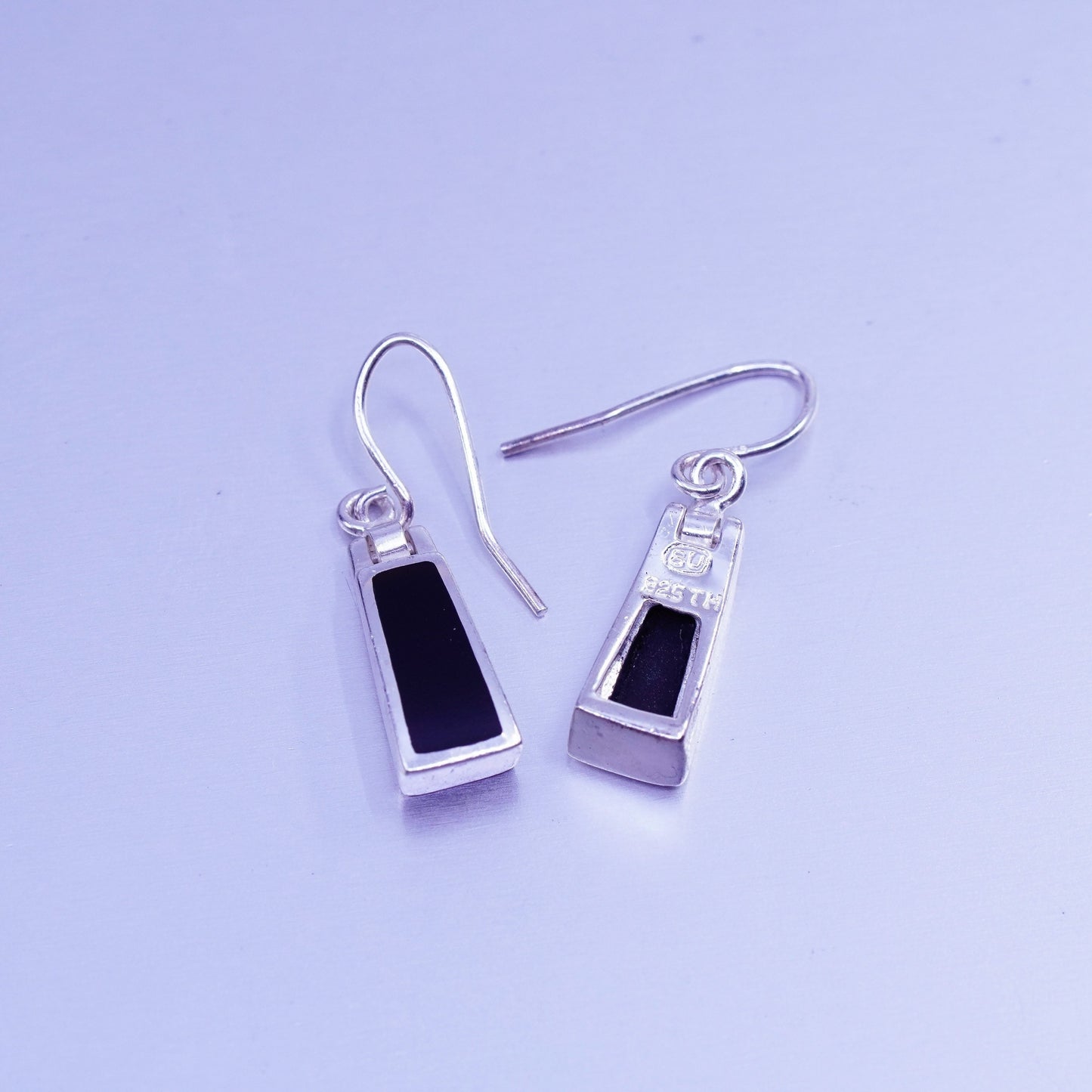 Vintage Sterling 925 silver handmade rectangular earrings with obsidian