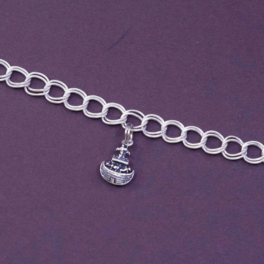 7.5", 5mm Sterling silver double curb bracelet, 925 bracelet w Noah’s ark charm