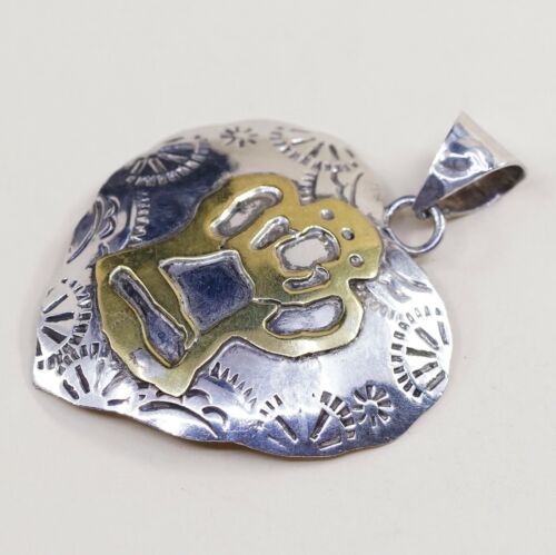 Vintage Two Tone Mexico Sterling 925 Silver Handmade Heart Pendant, Stamped TS-1