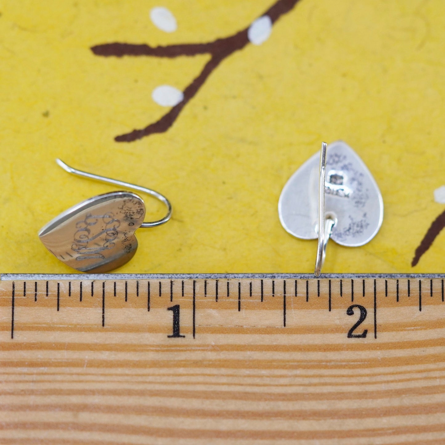 VTG Sterling silver handmade earrings, 925 monogram initial “LSM” heart drops