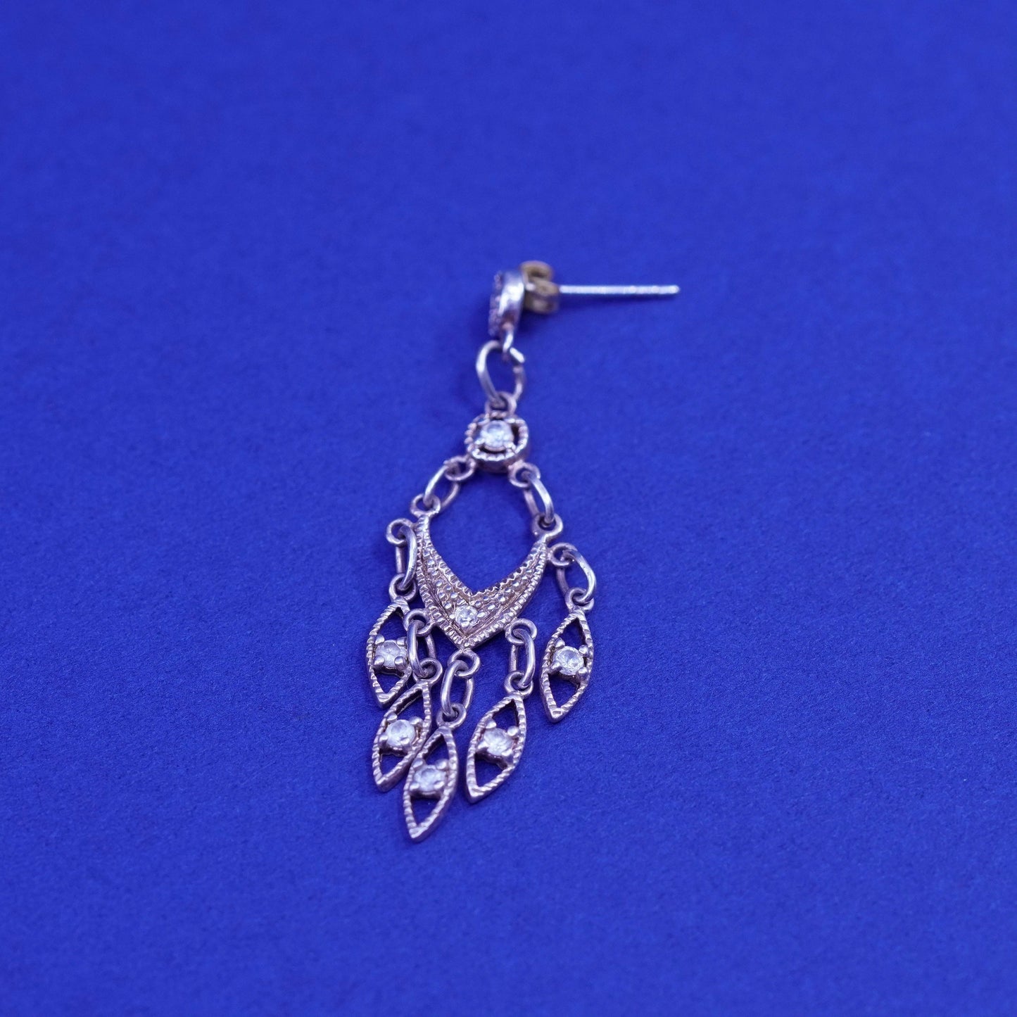 Vintage Sterling silver handmade earrings, filigree 925 teardrop with cz