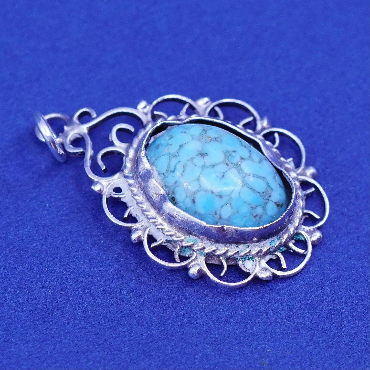Vintage Sterling silver handmade pendant, 925 filigree with oval turquoise