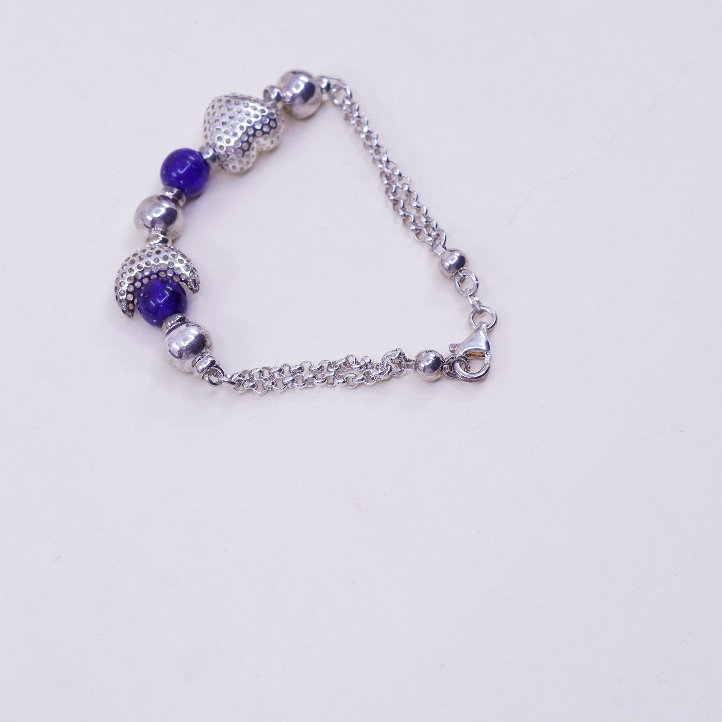 6.25”, vtg sterling silver bracelet, 925 circle chain heart charm lapis beads