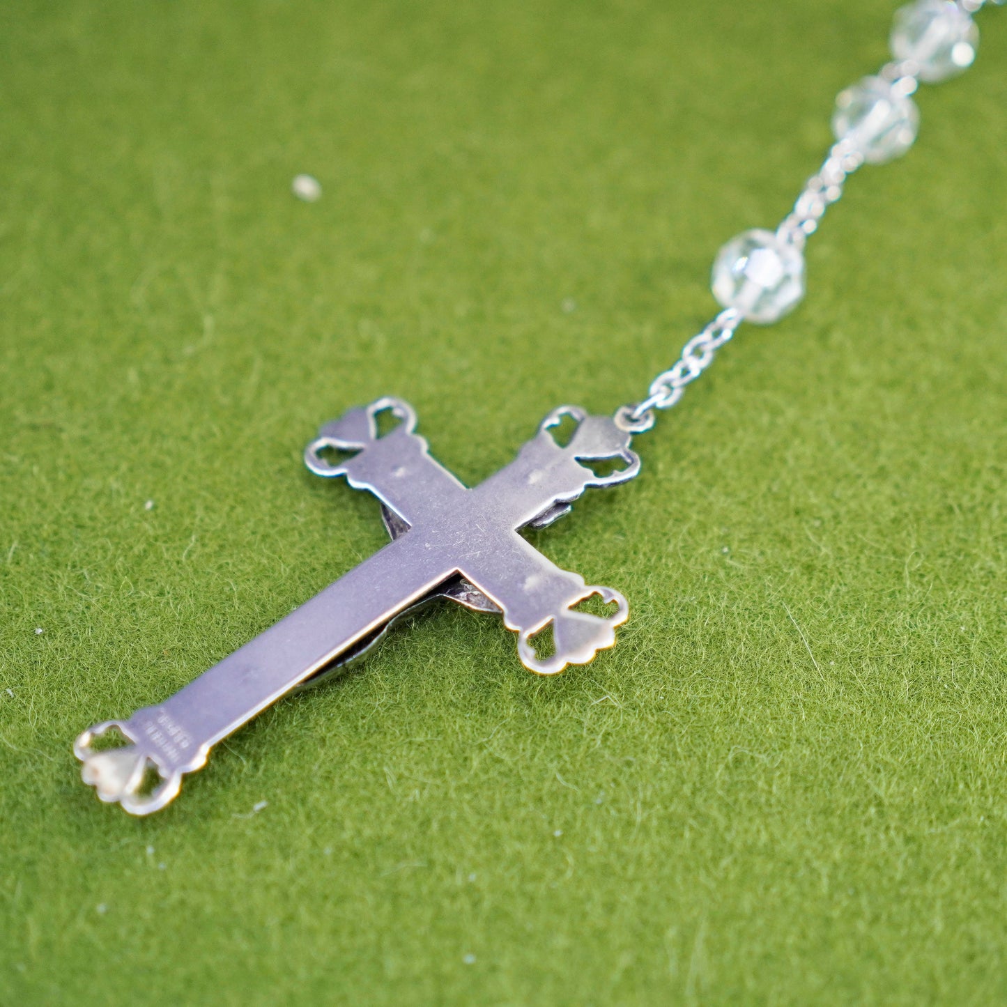 28”, Chapel sterling 925 silver rosary necklace w/ cross pendant crystal beads