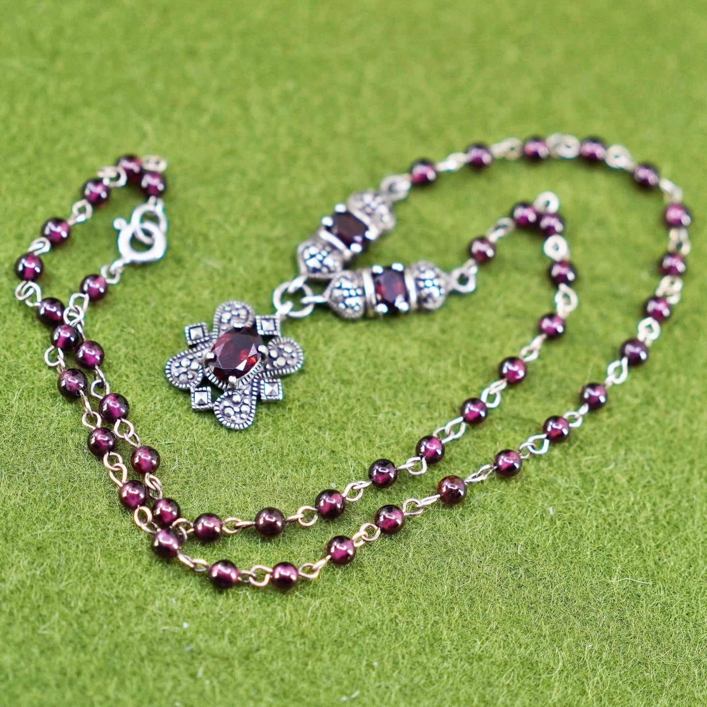 16”, sterling 925 silver necklace, garnet beads with marcasite and ruby pendant