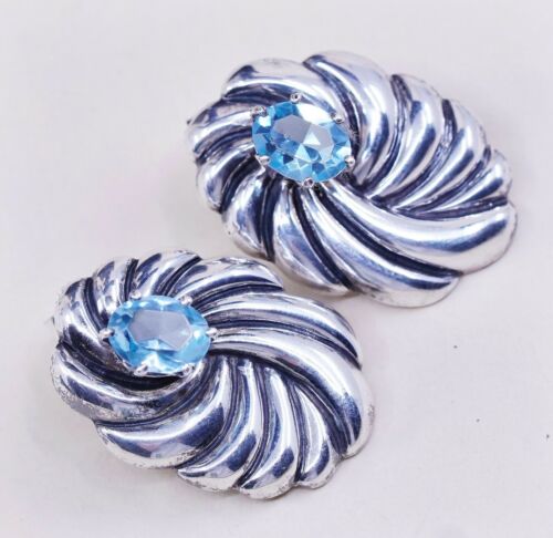 Vtg Ted Ott Native American Sterling 925 Silver Studs Earrings W/ Blue Topaz