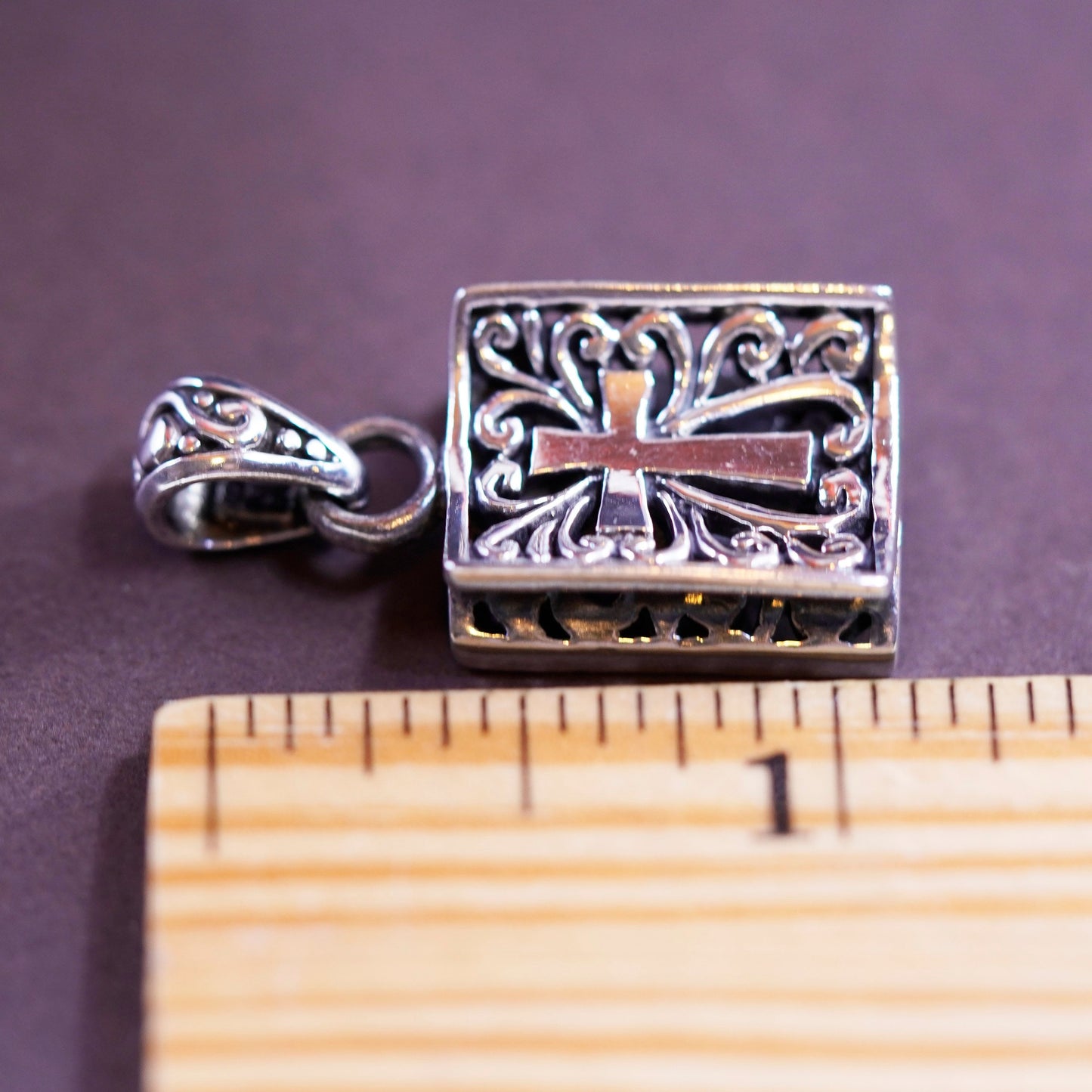 Vintage Sterling Silver Handmade Pendant, filigree 925 cross and fish