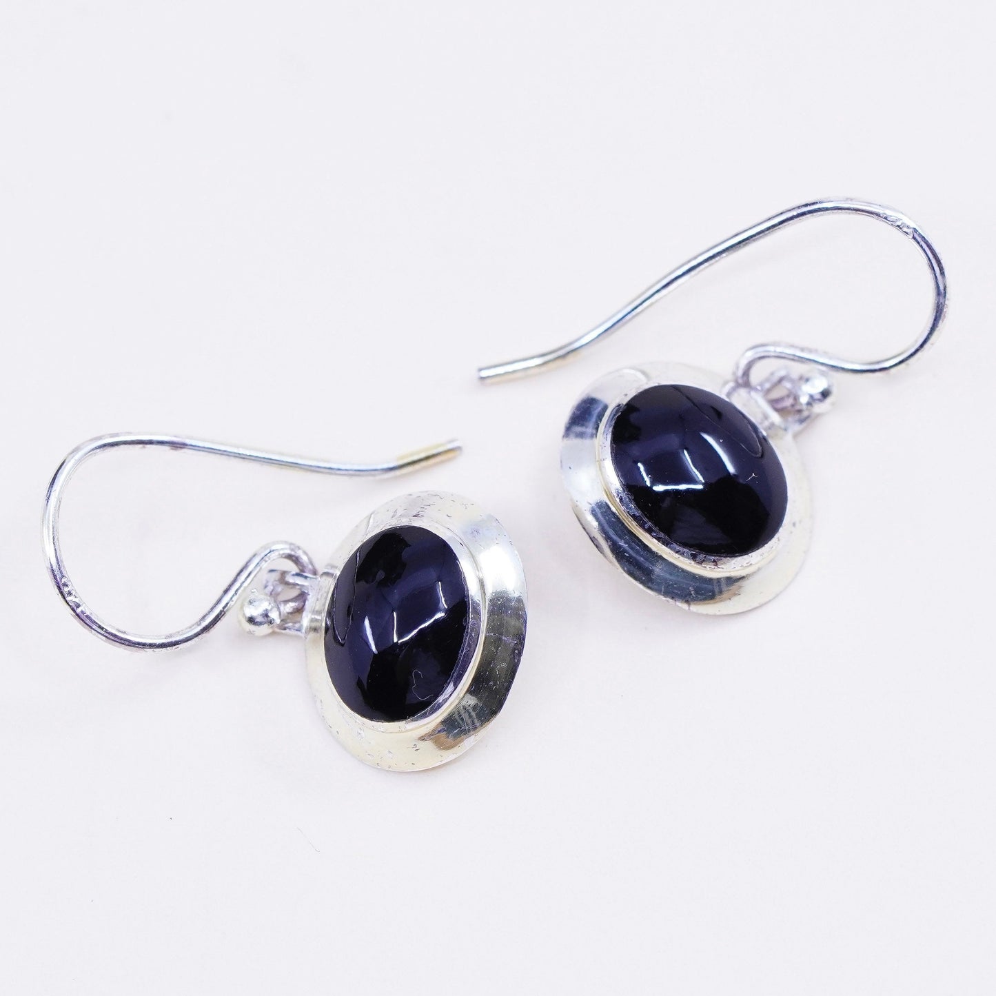 Vintage sterling 925 silver earrings, oval black onyx, handmade