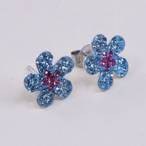 Vintage Sterling Silver Handmade Earrings, 925 Blue Flower Studs W/ Cluster Cz