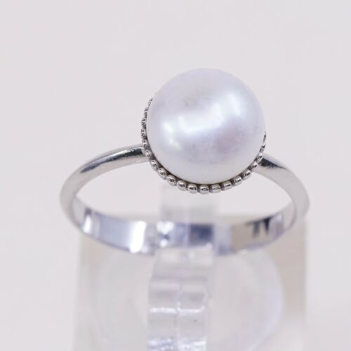 Sz 8, Vtg Sterling 925 Silver Handmade Ring W/ Freshwater Pearl, Simple Elegant