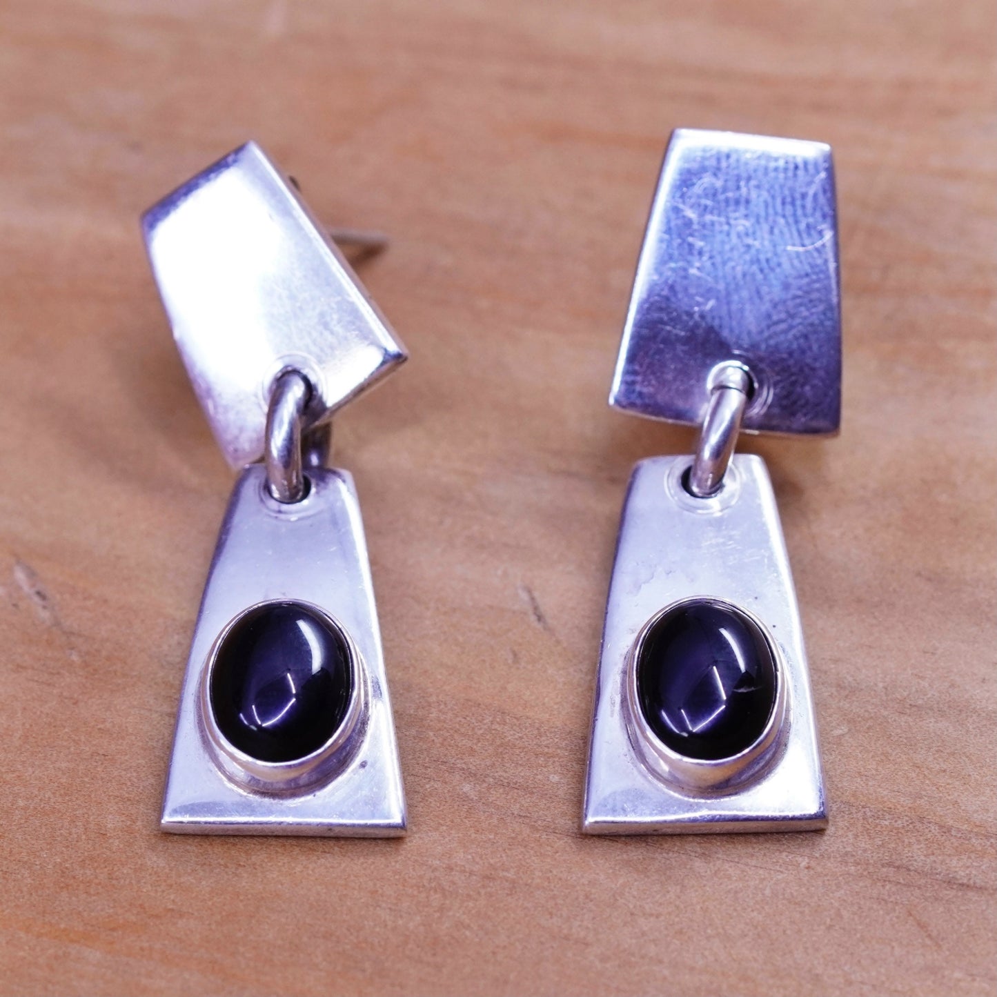 Vintage Mexico BMH handmade sterling 925 silver earrings with obsidian dangles