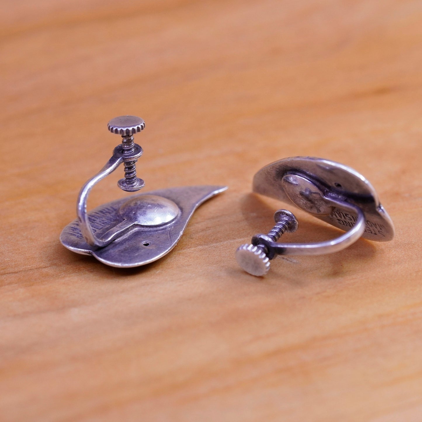 Vintage Siam sterling silver clip on earrings, 925 teardrop earrings, niello