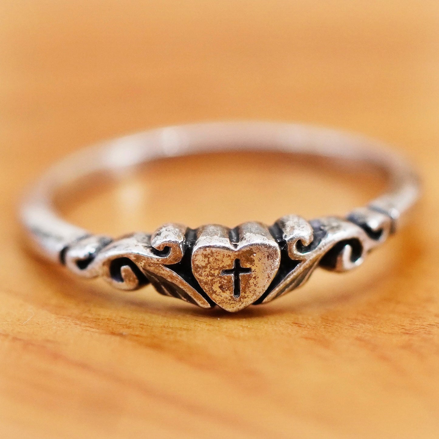 Size 6, vtg Sterling silver handmade ring, 925 stackable band with heart cross