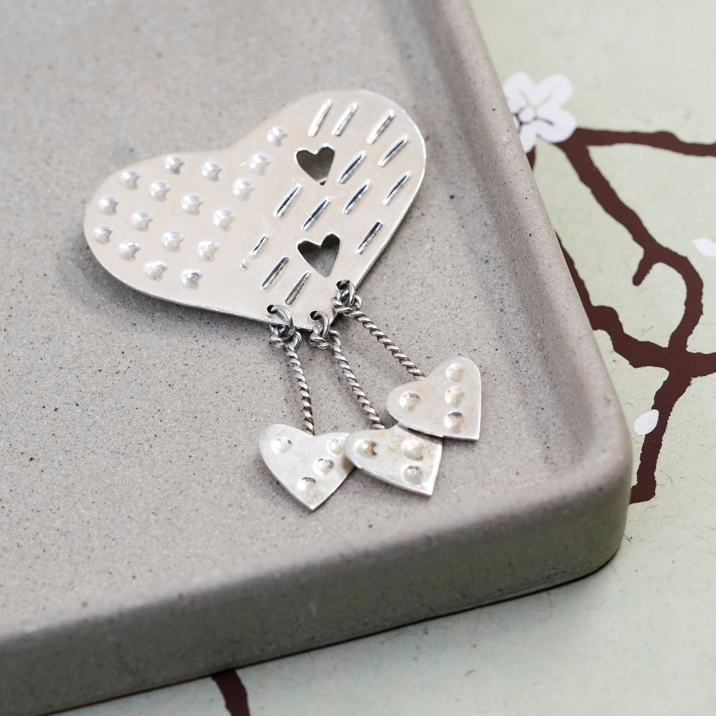 Vintage Mexico Sterling silver handmade brooch, 925 heart pin with dangles