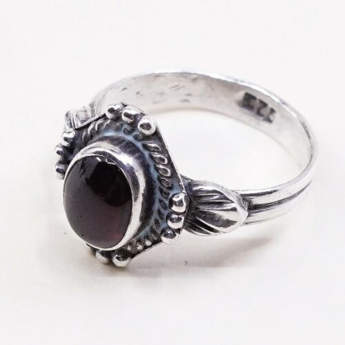 Sz 6, Vtg Sterling Silver Handmade Ring, 925 Band W Garnet N Bali Beads
