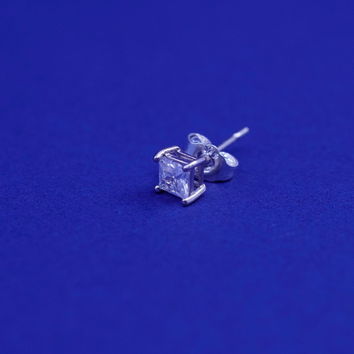 4mm, Vintage sterling silver handmade earrings, square 925 studs with CZ
