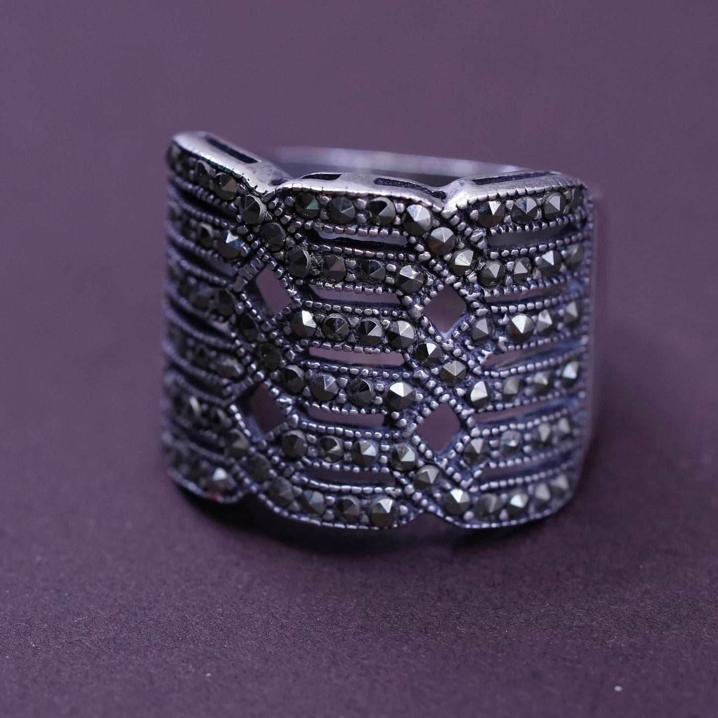 sz 7, vtg Art Deco Sterling silver handmade ring, wide 925 band with marcasite