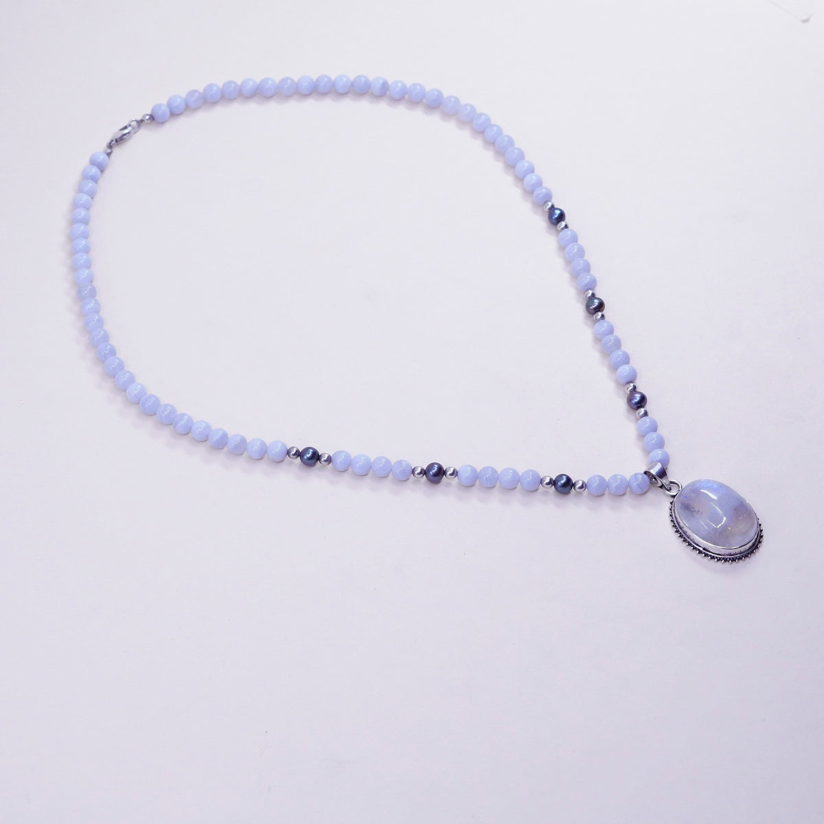21”, sterling 925 silver necklace lace agate pearl bead chain moonstone pendant
