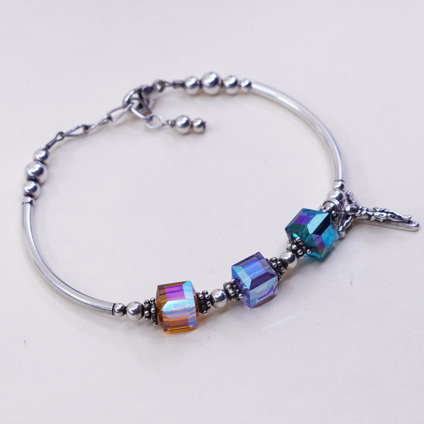 7”, Sterling 925 silver handmade bracelet Swarovski crystal beads N cross charm