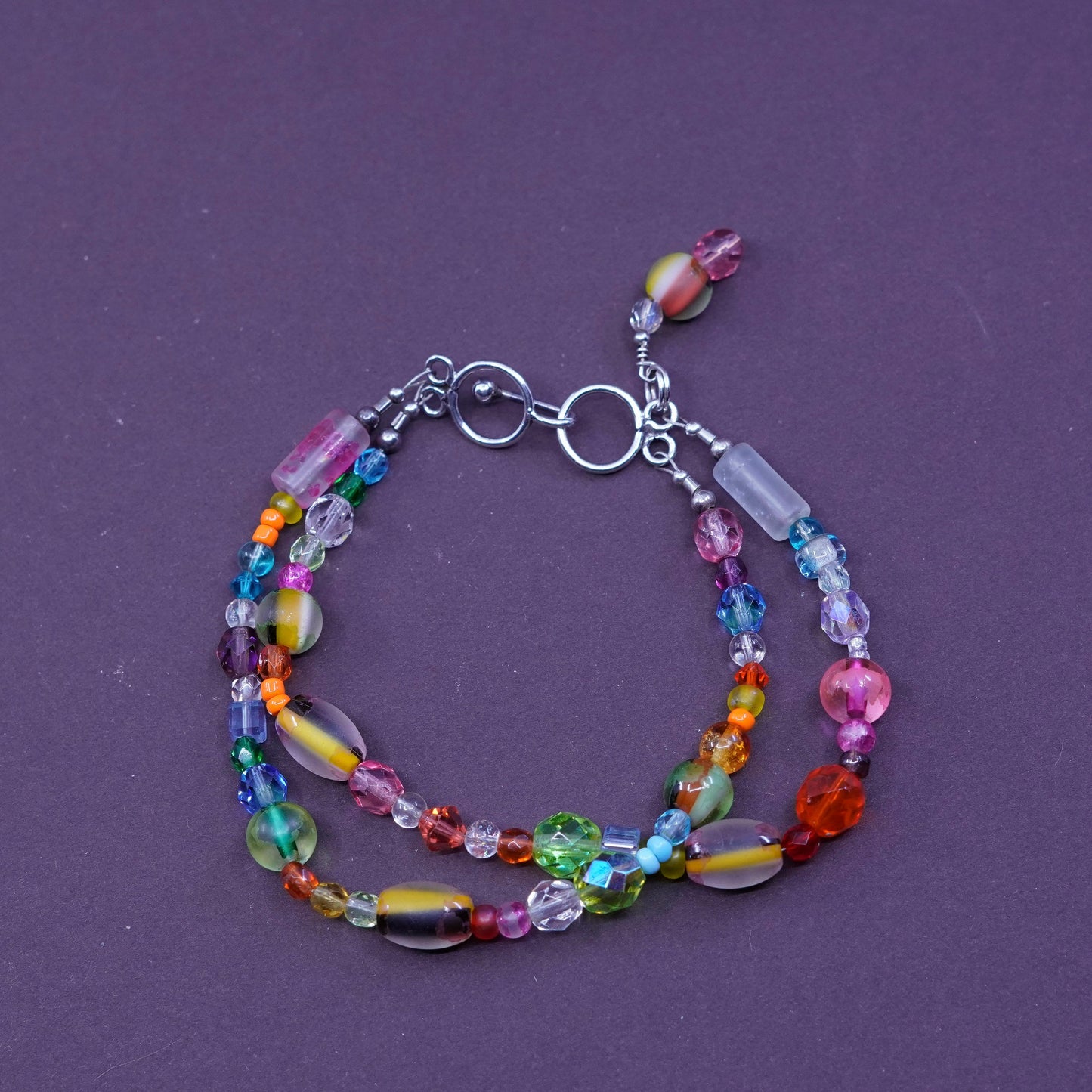 7.5”, handmade bracelet, colorful glass chain with sterling 925 silver clasp